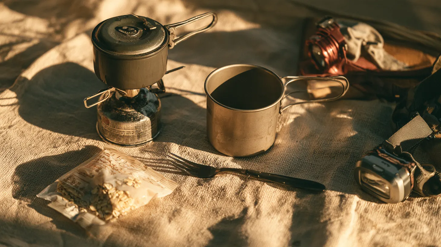 Overhead view of a camping stove, titanium pot, spork and headlamp on a canvas tarp, the scale of costs a $1,000 loan covers