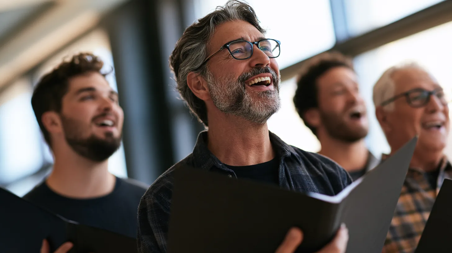 Three men of different ages singing together at a community choir rehearsal, everyday neighbors who might weigh a $2,000 loan