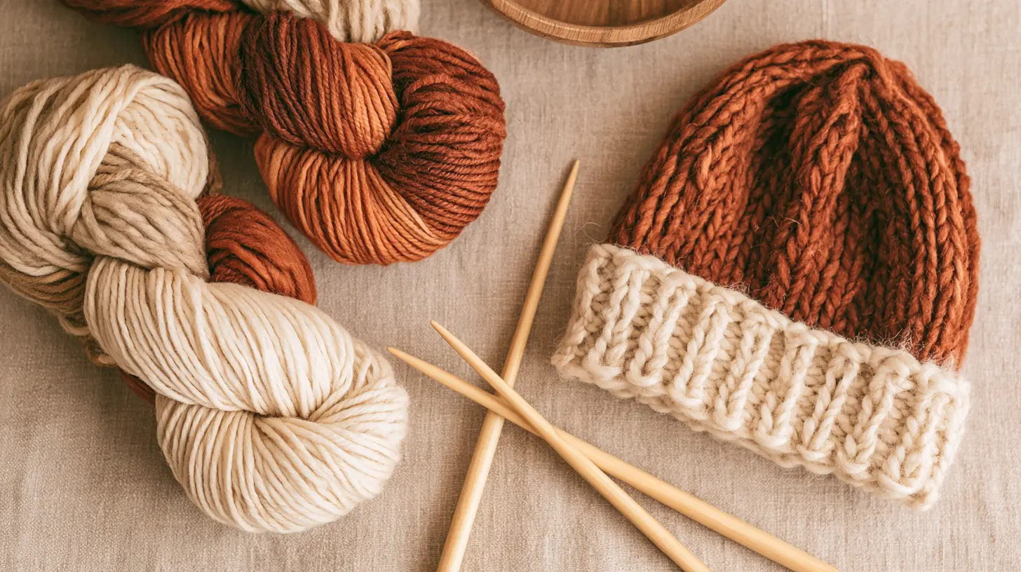 Rust and cream merino yarn with bamboo needles and a half-knit beanie on linen, for a $3,000 loan guide