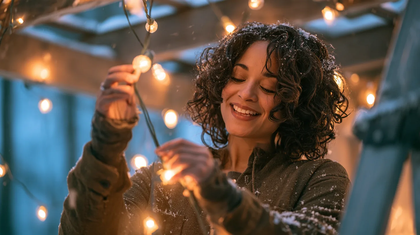 Woman on a stepladder hanging string lights across a backyard pergola at dusk, for a $4,000 loan guide