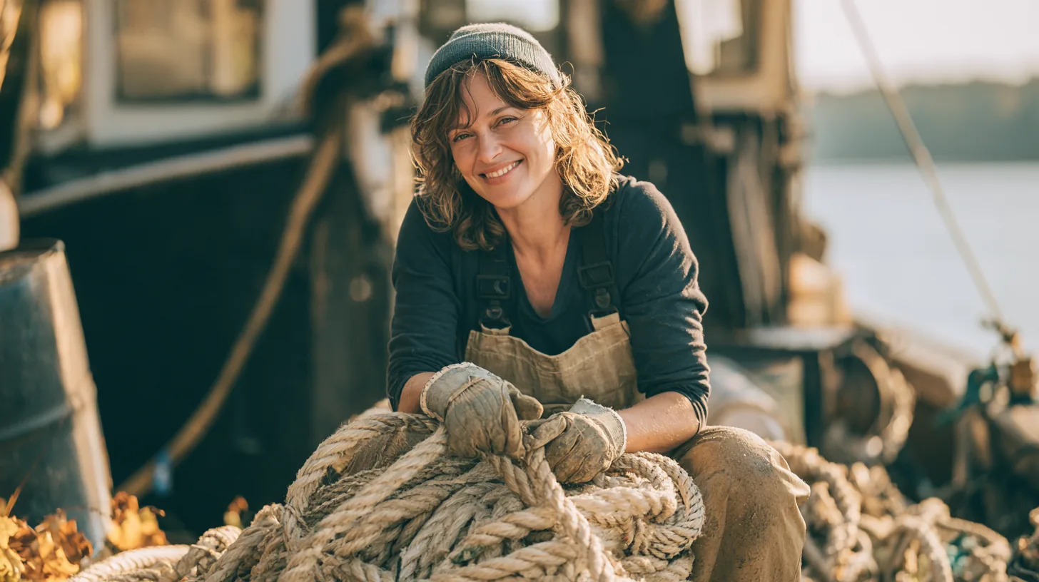 Woman coiling rope on a fishing boat deck at a harbor, the kind of worker who might need a $500 loan between paychecks