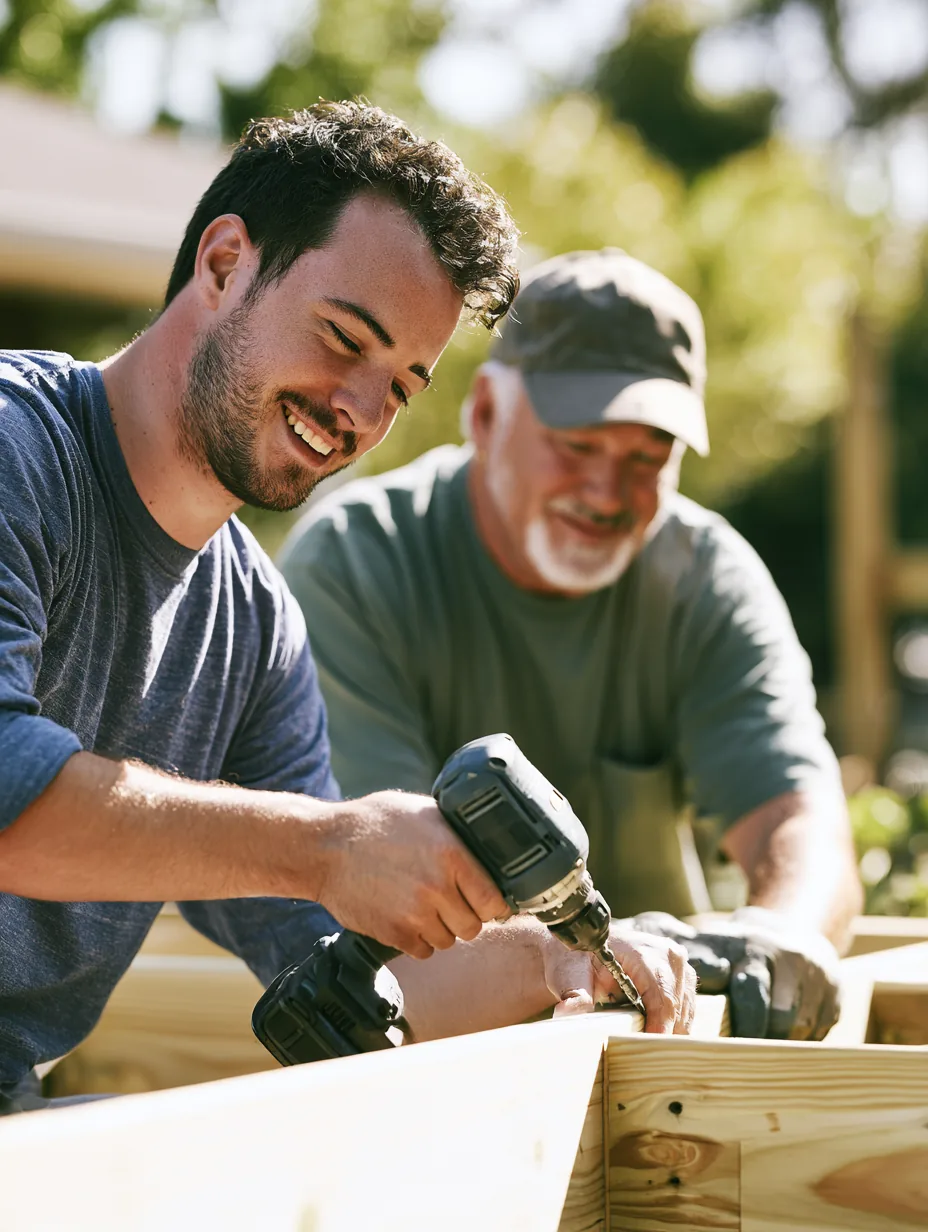 Two men building a raised garden bed together at a community garden