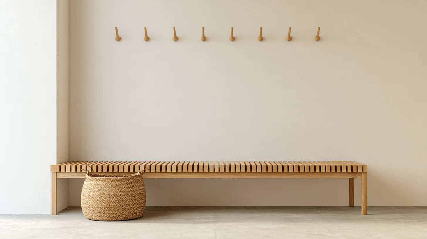 Minimalist entryway with a slatted wood bench and woven basket