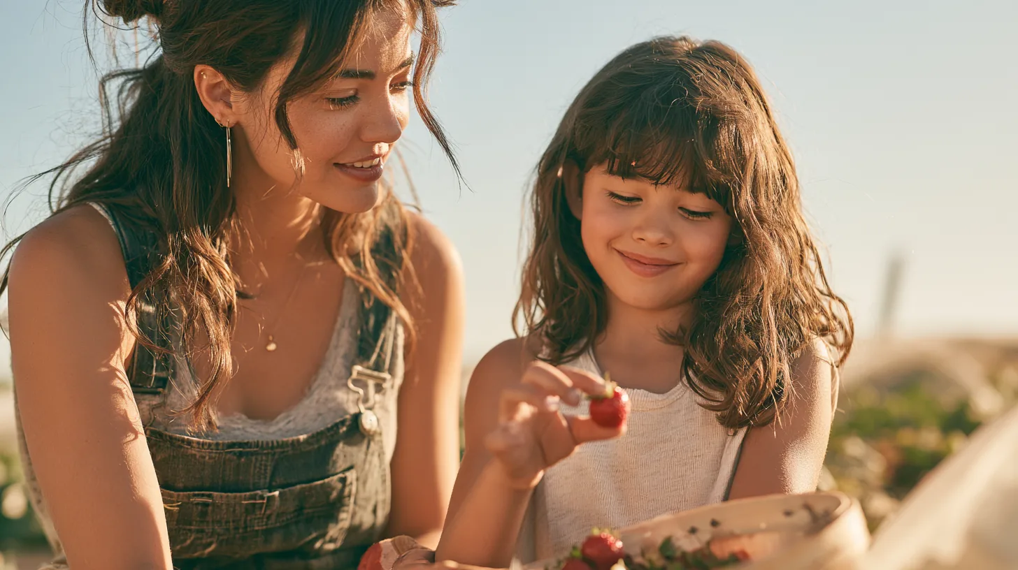 Mother and daughter picking strawberries together at a sunny u-pick farm