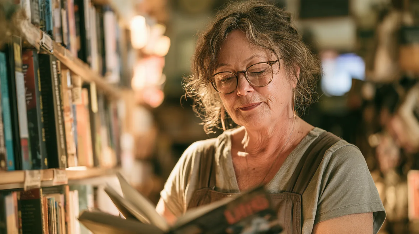 Bookstore clerk in her 60s shelving new hardcover books in an independent bookstore