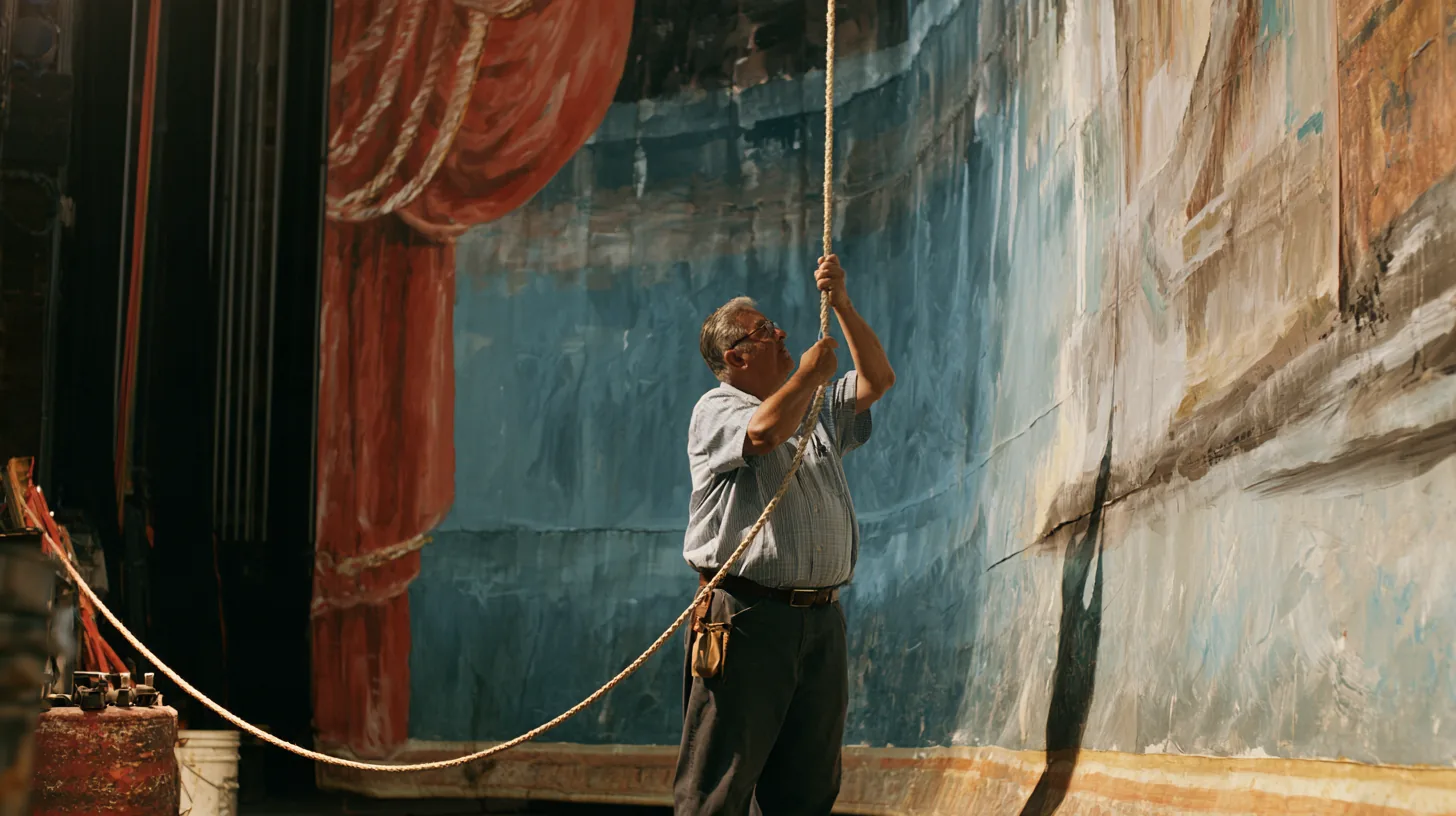 Stagehand pulling a rope line to raise a painted backdrop at a community theater before starting a yendo personal loan request