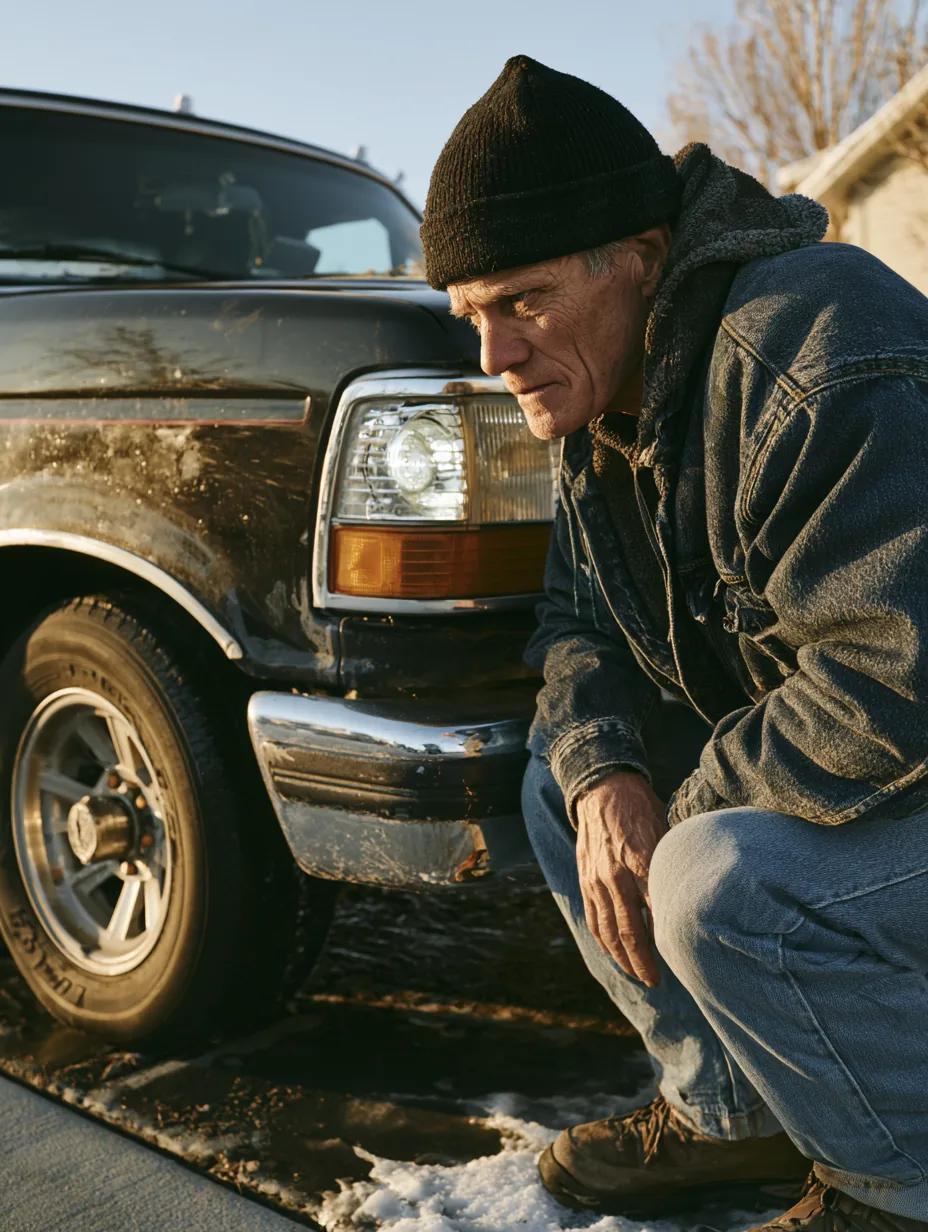 Older man crouching beside his pickup to admire a newly installed headlight in a snowy driveway