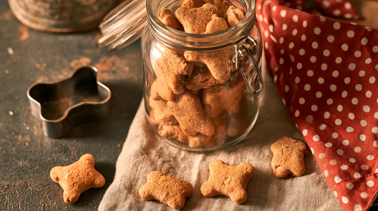 Overhead flat lay of homemade dog biscuits in a glass jar beside a cookie cutter, the header for yendo personal loan guides