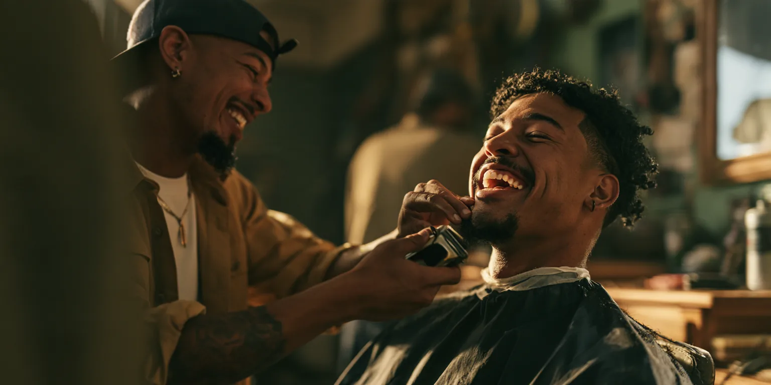 Barber trimming a young man’s beard as both laugh in a warmly lit shop