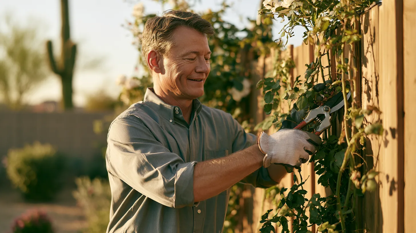 Man in his 50s trimming a climbing rose along a cedar fence in a desert garden