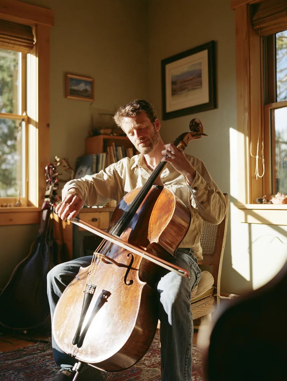 A man plays the cello in a quiet spare room turned into a cozy music corner