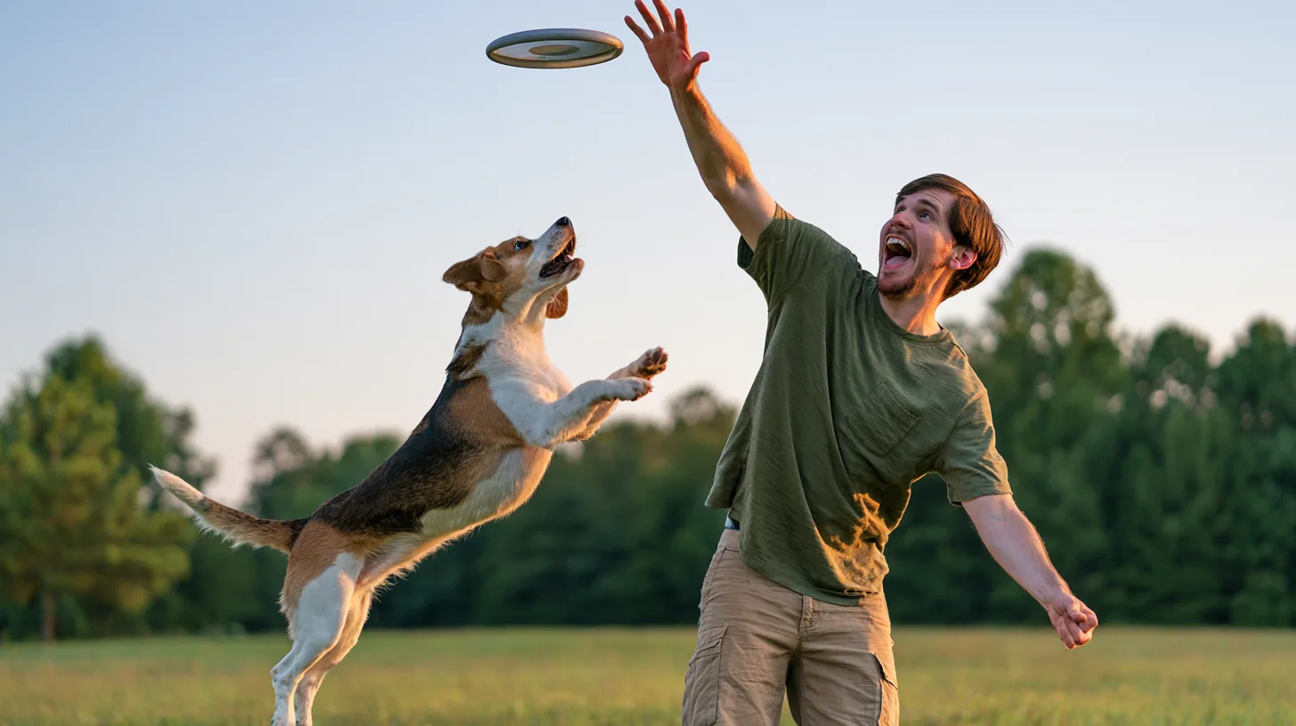 A man tosses a flying disc to his beagle in an open meadow, a calm moment after simplifying yendo debt payments