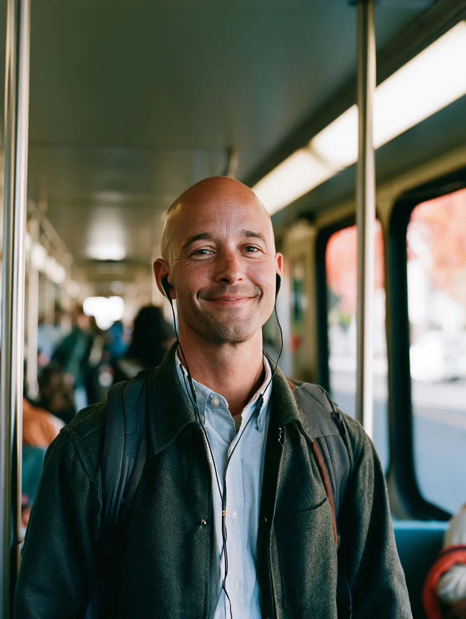 Man in his 40s smiling on a subway commute, a typical yendo personal loan borrower