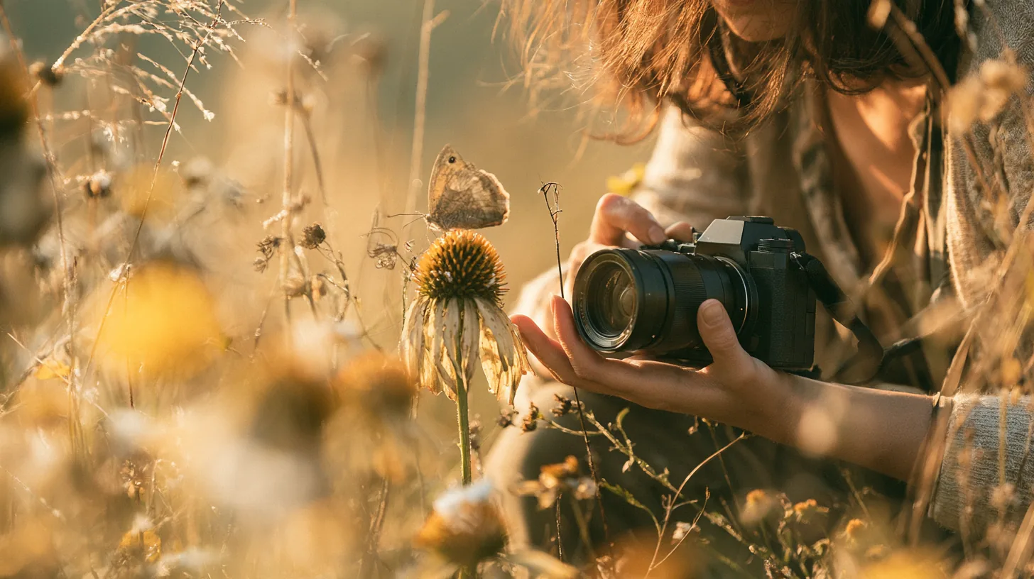 Woman crouching in a wildflower meadow photographing a butterfly, a patient moment like checking yendo personal loan eligibility