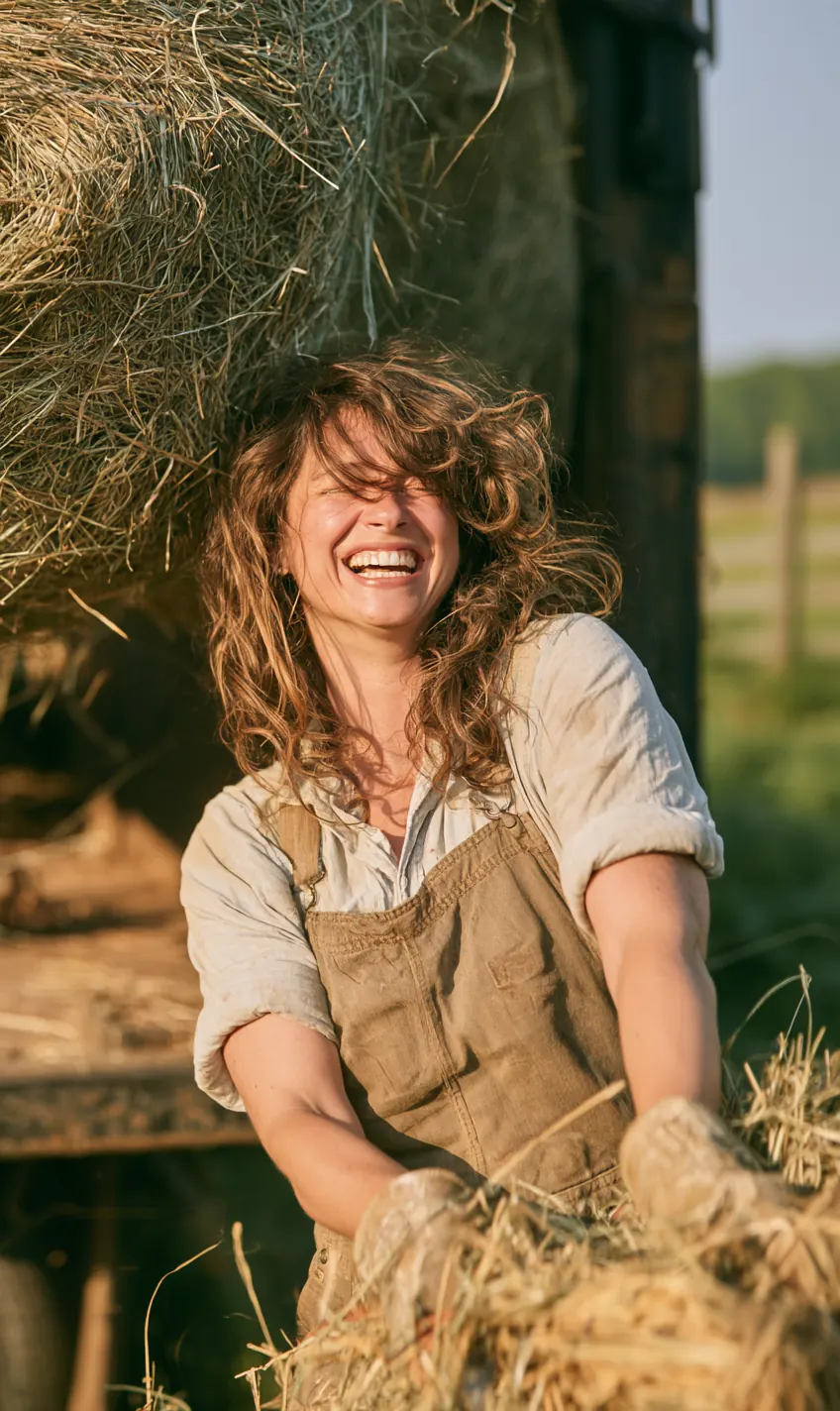 Farmer in her 50s laughing as she tosses a hay bale into a pasture