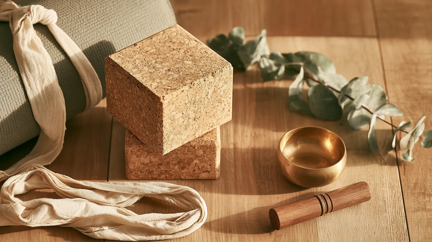 Cork yoga blocks, a rolled mat, a strap and a small brass bell on hardwood, header for yendo FAQ answers