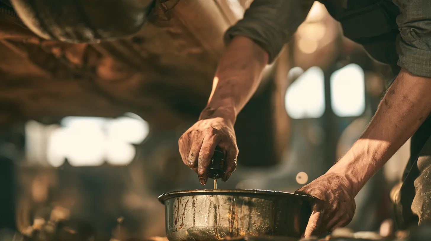 Mechanic's hands draining used oil beneath a minivan on a lift, illustrating a yendo checklist for repair estimates