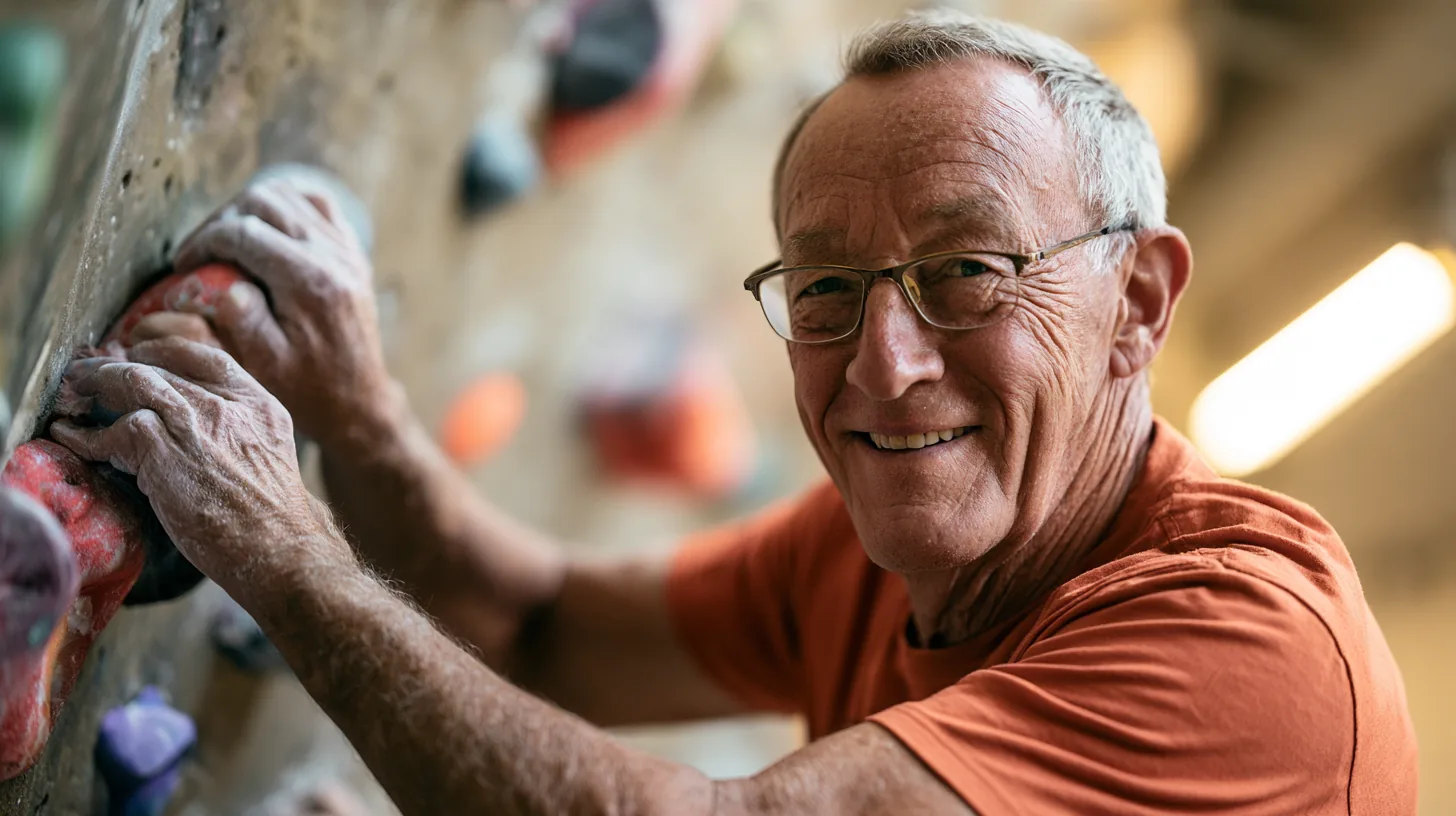 Man in his 70s reaching for a hold on an indoor climbing wall, header for the yendo personal loan glossary