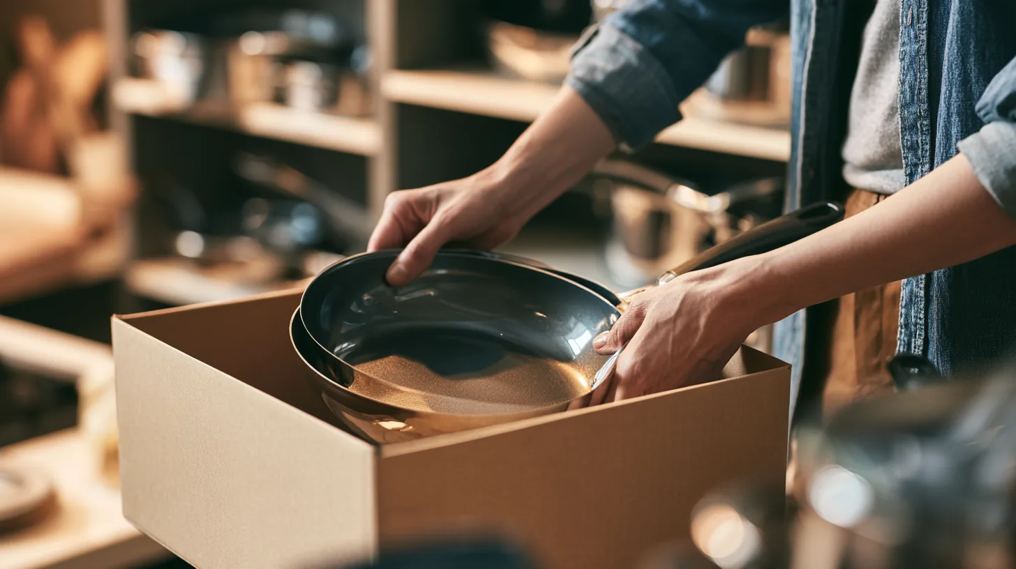 A woman and a young man unpacking new nonstick pans in a kitchen, a purchase covered by a fast yendo personal loan