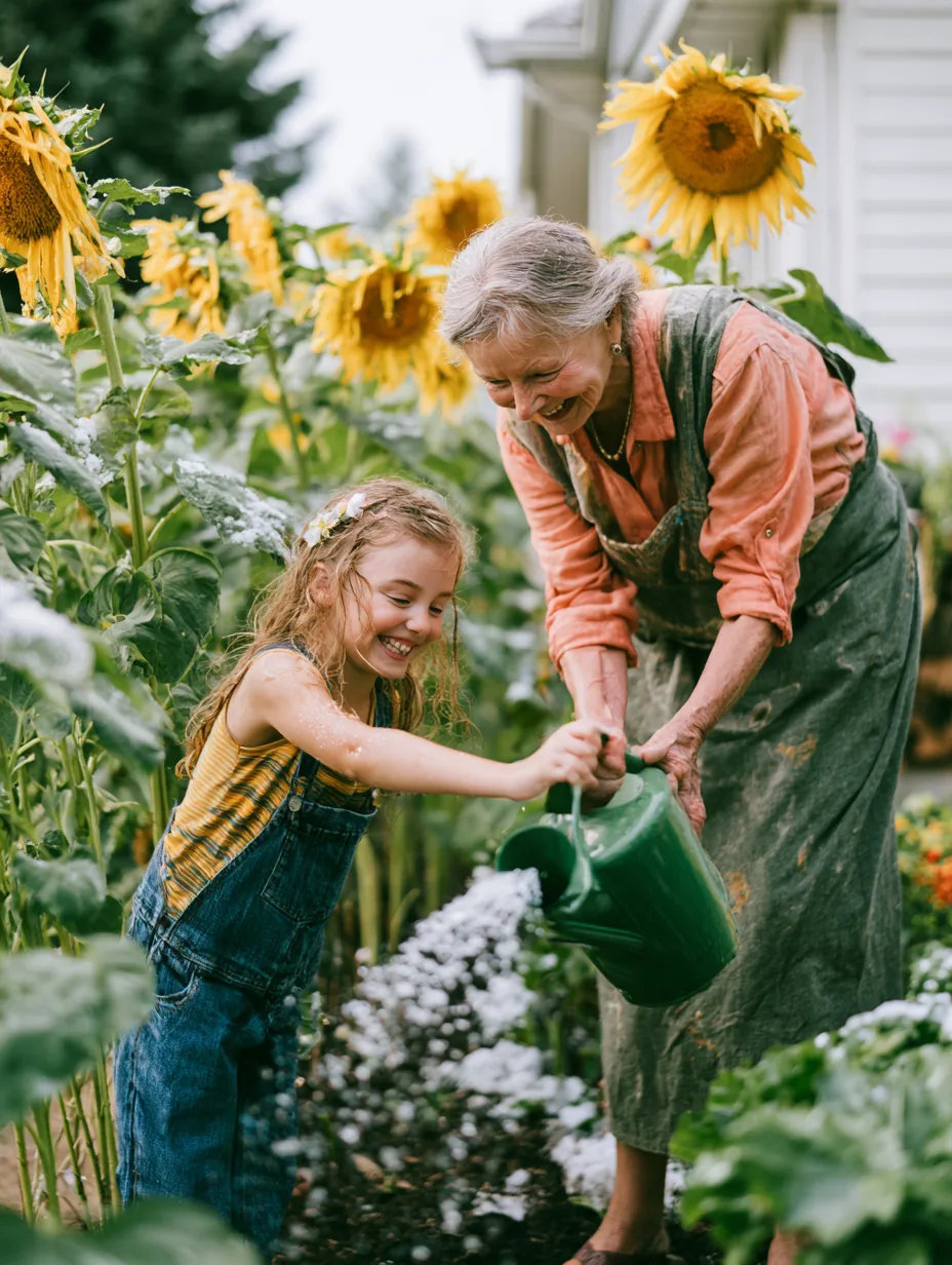 Grandmother and granddaughter watering tall sunflowers together in a backyard garden
