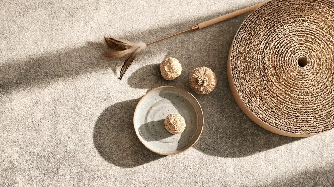 Cat toys, a feather wand and a ceramic dish arranged on a soft gray rug, seen from above