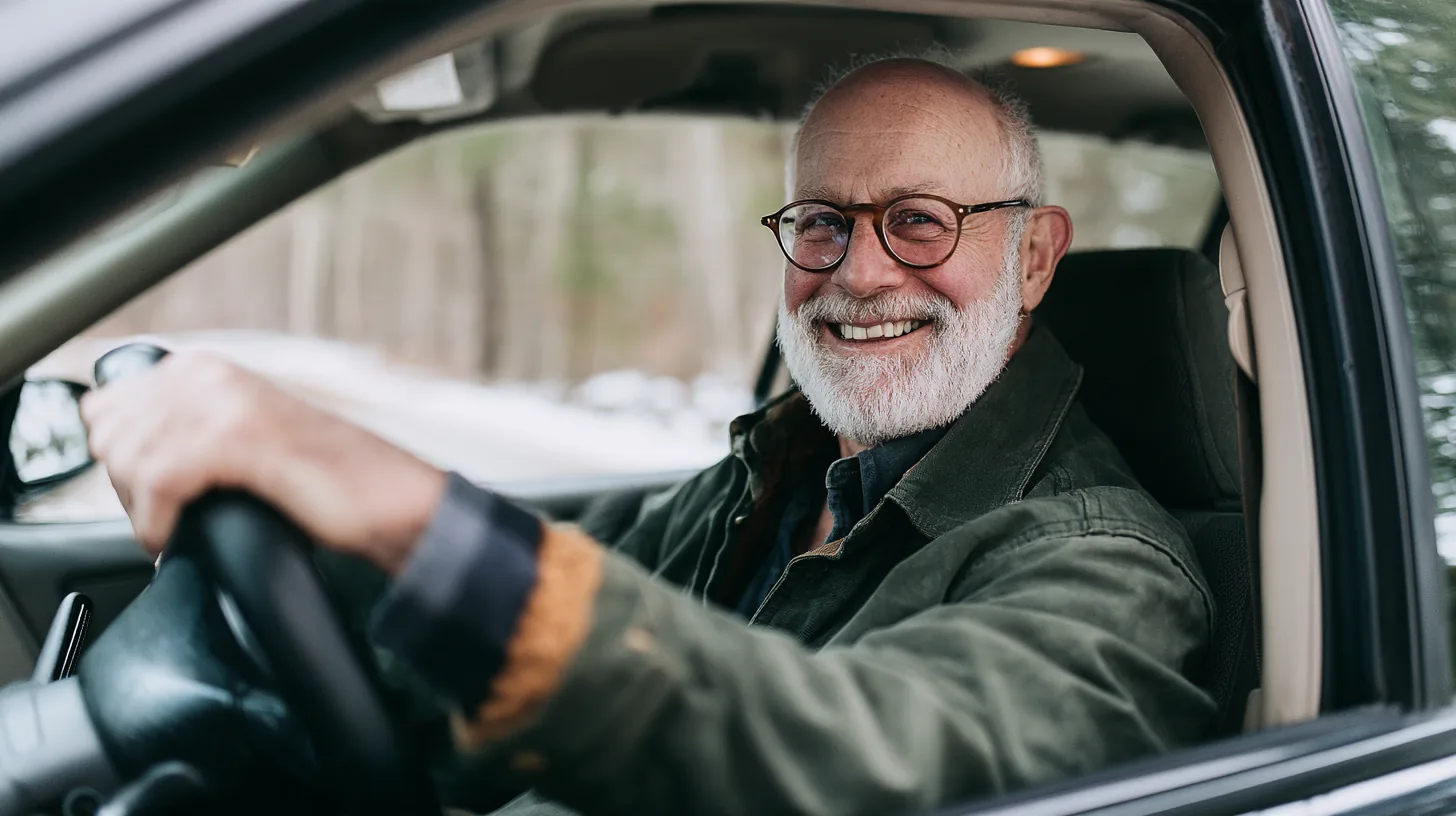Man in his 70s smiling as he drives a freshly repaired car on a country road, after sorting yendo auto repair costs