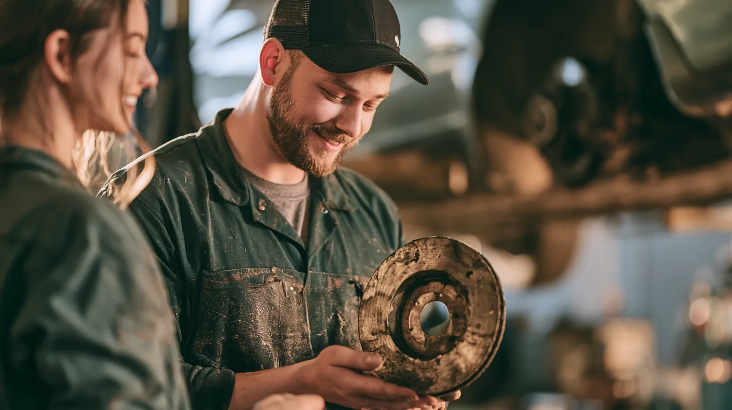 An auto mechanic showing a woman a worn brake rotor while she compares yendo personal loan offers for the repair