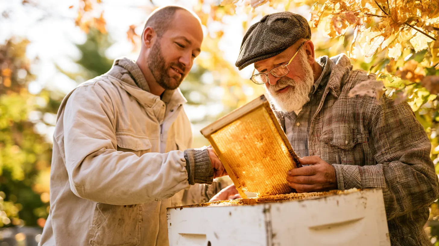 Beekeeper showing an older man a honeycomb frame at a backyard apiary, for a yendo guide to avoiding loan scams