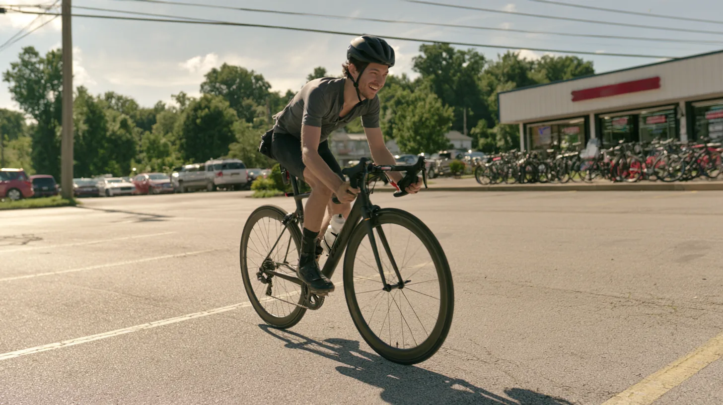 Young man grinning as he test-rides a carbon road bike outside a bike shop, a purchase some yendo installment borrowers plan