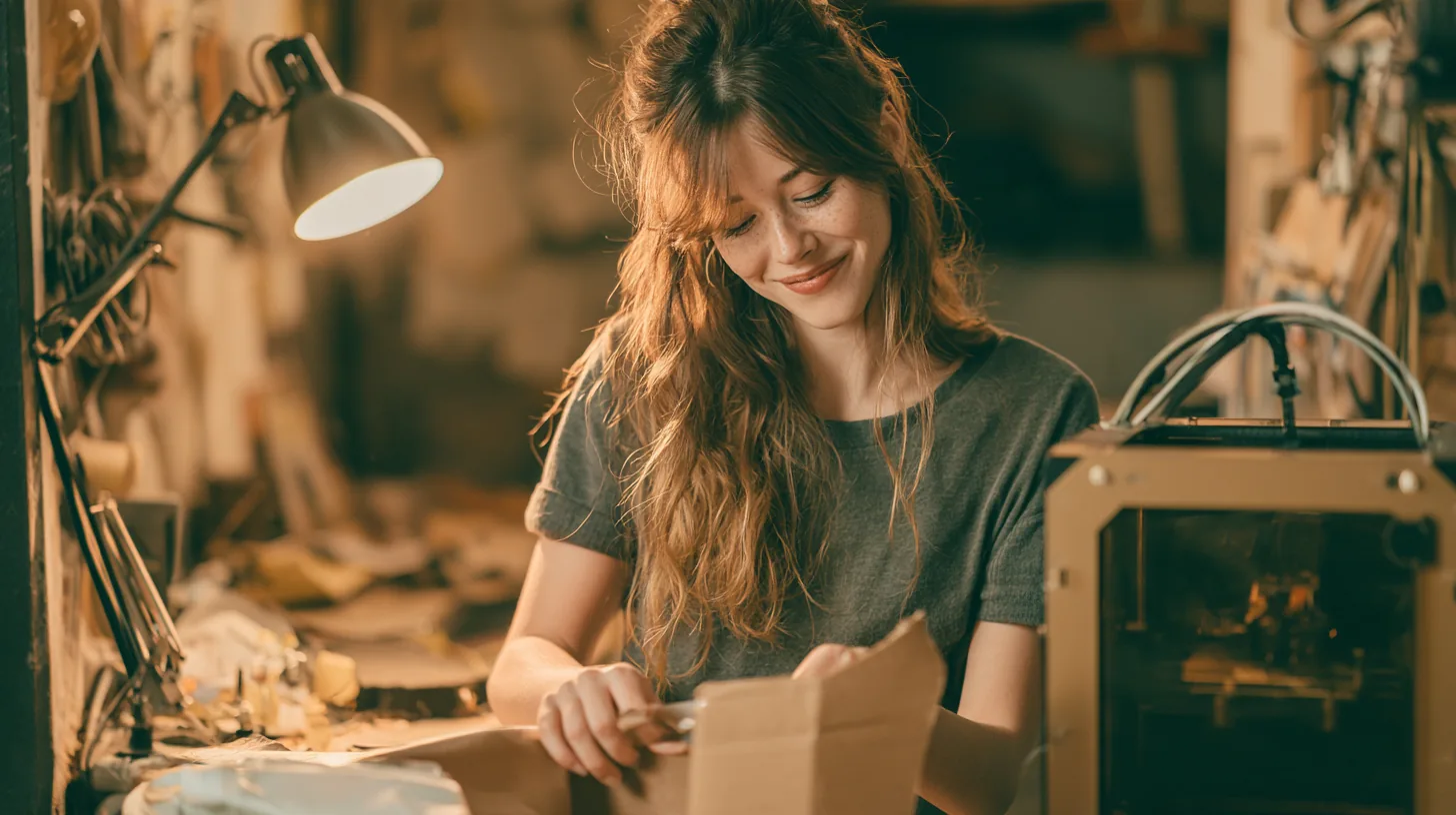 Woman in her 30s unboxing a new 3D printer on a workbench for a side business, a yendo installment vs revolving credit guide