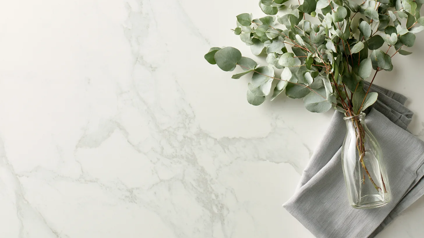 Eucalyptus stems in a glass bottle on a marble counter