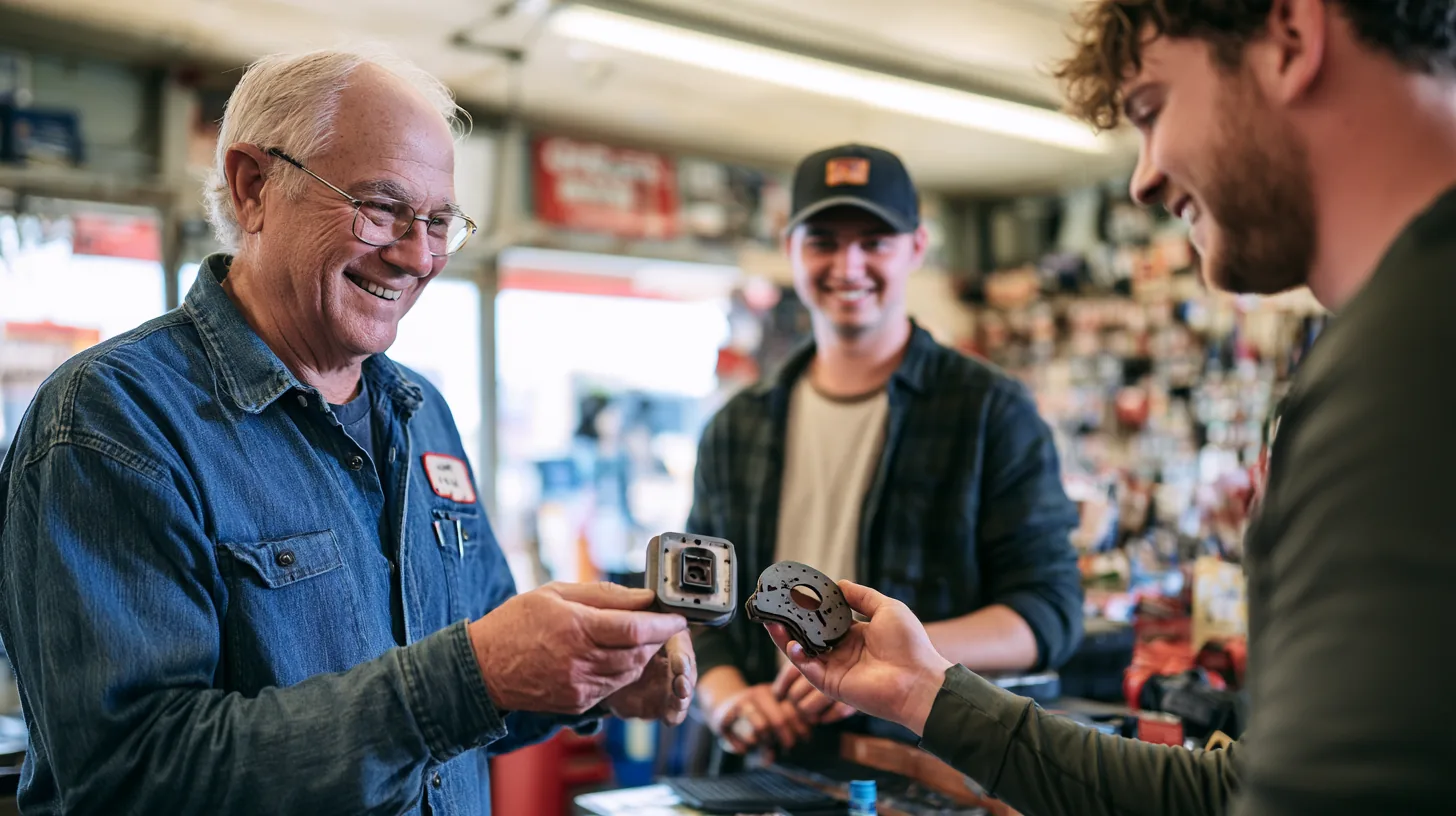 Auto parts counter where a mechanic compares a worn brake pad with a new one, a yendo guide to brake repair costs