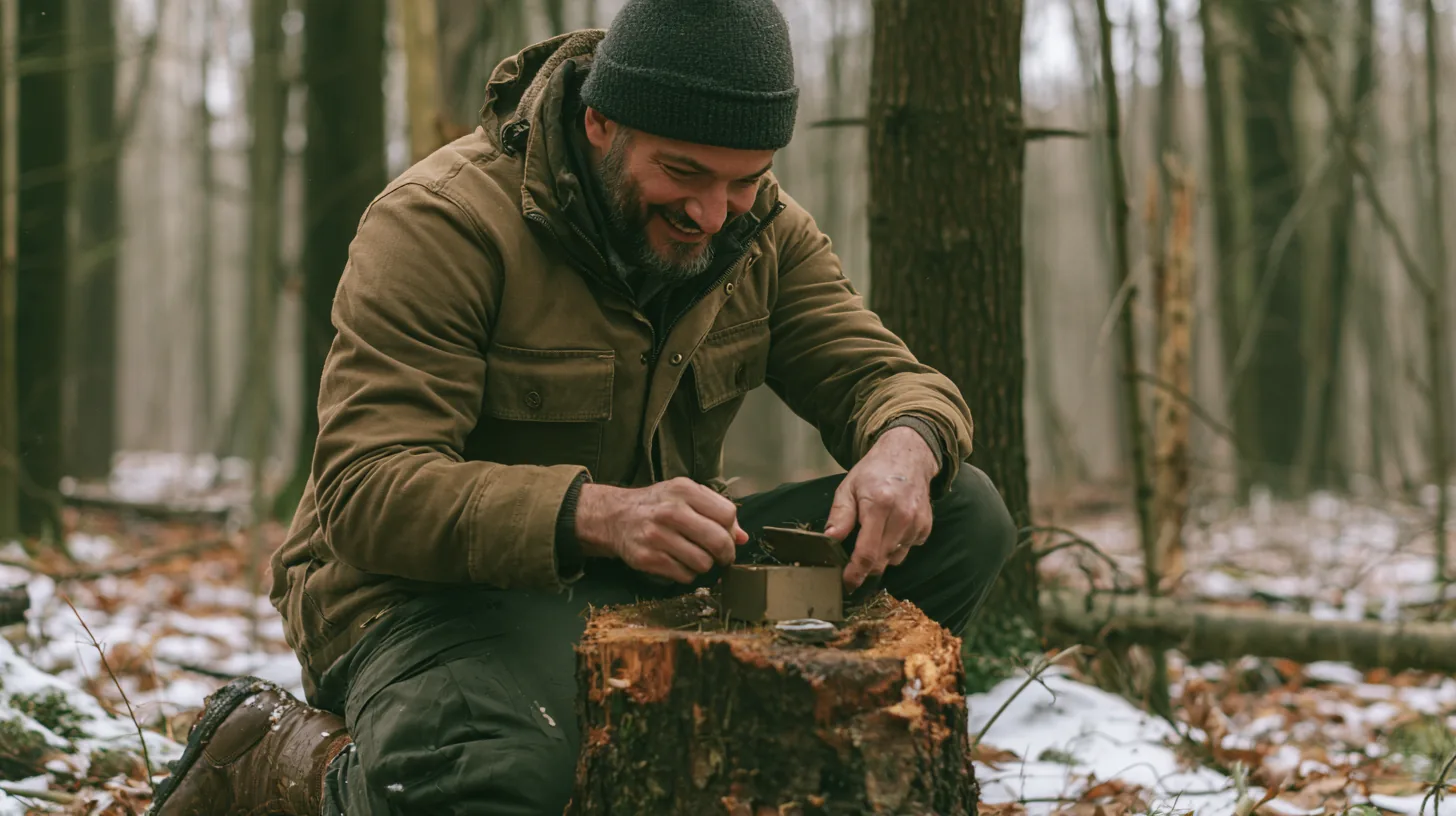 Man kneeling beside a snowy pine stump opening a small geocache box, like working out a yendo personal loan payment