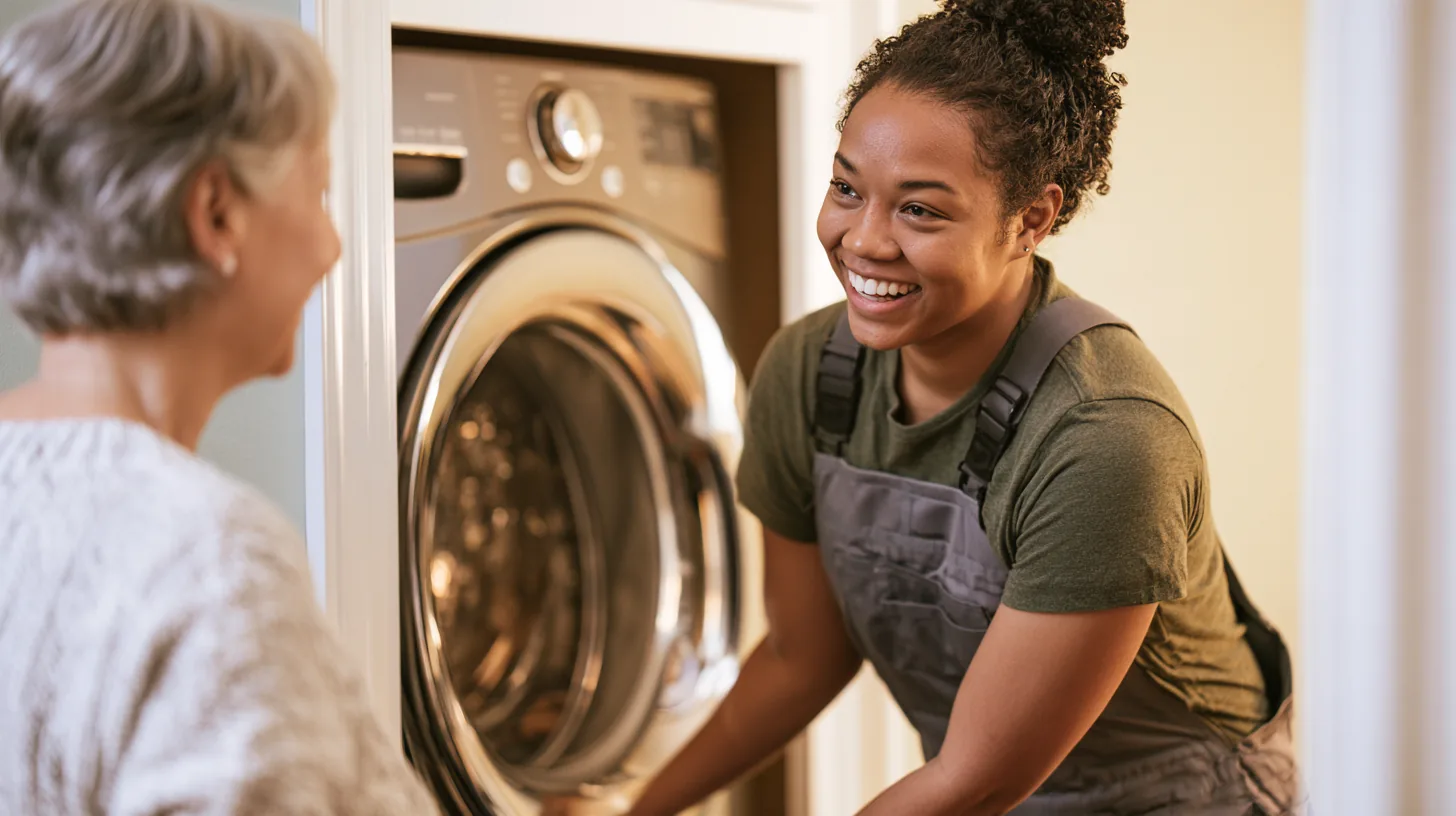 Appliance installer sliding a new washer into a laundry nook while an older woman watches, a yendo guide to financing big buys