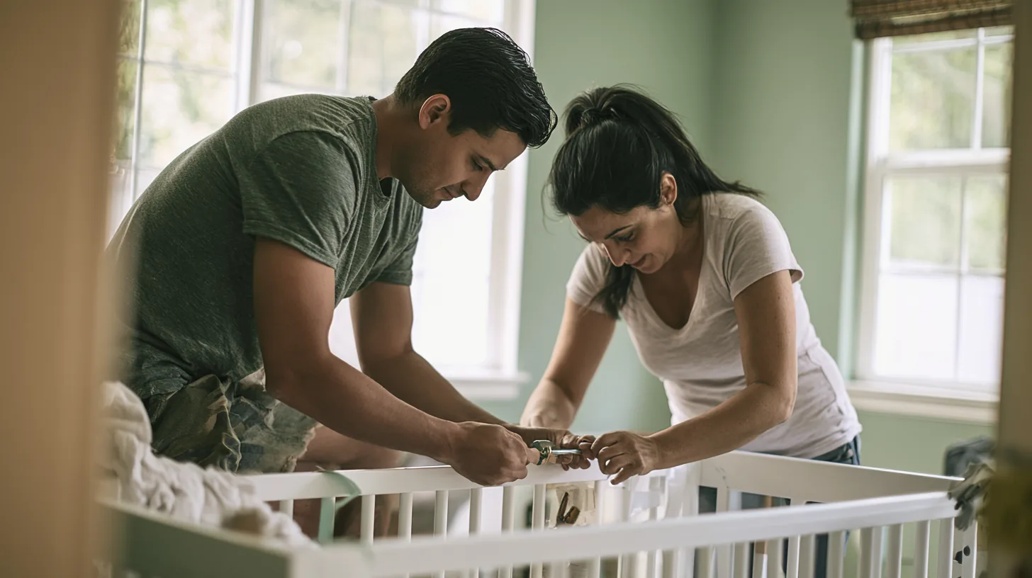 A man and a woman assembling a white crib in a pale green nursery, weighing a yendo personal loan against a credit card