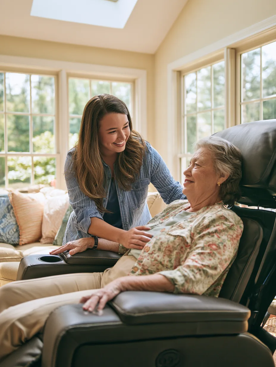A young woman helps her mother settle into a new power recliner in a bright living room