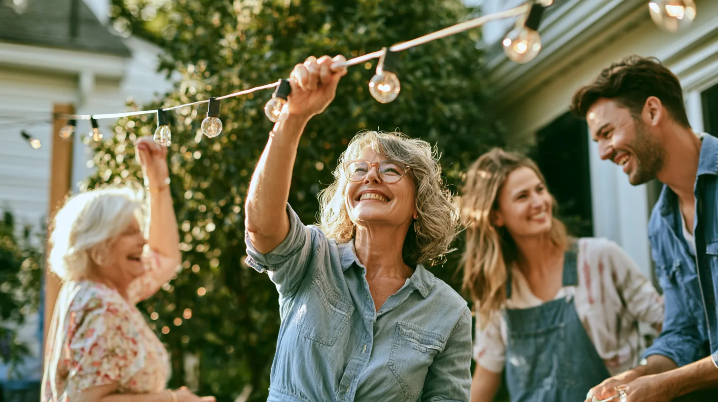 Three adults hang string lights over a new backyard patio, a project some people fund with yendo personal loans