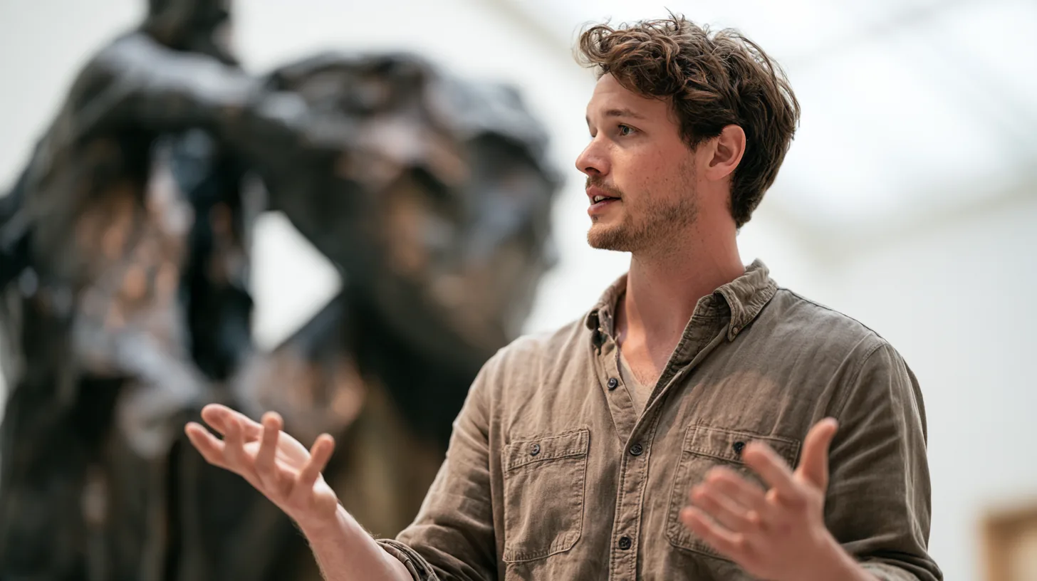 Museum docent in his 30s gesturing toward a bronze sculpture in a bright gallery