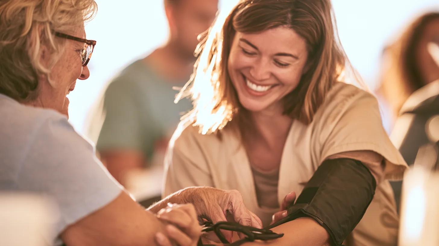 Nurse checking an older woman's blood pressure at a health fair booth, a calm moment while reviewing yendo personal loan rates
