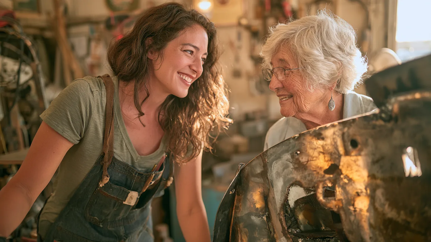 Metal artist showing an older woman a welded steel sculpture in a shared makerspace, beside yendo reviews