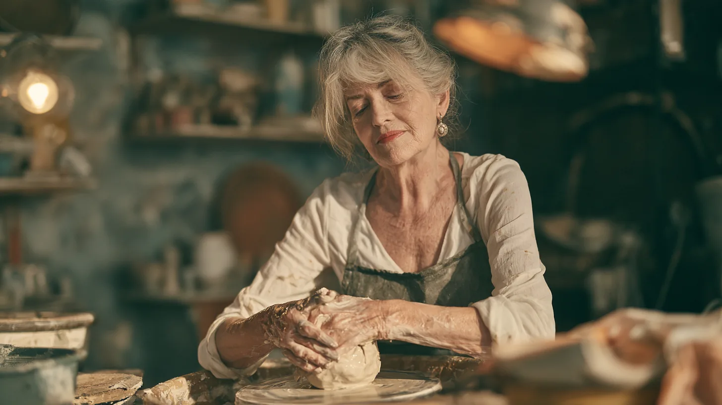 Woman in her sixties centering clay on a pottery wheel in a bright studio, illustrating a yendo guide to secured and unsecured loans