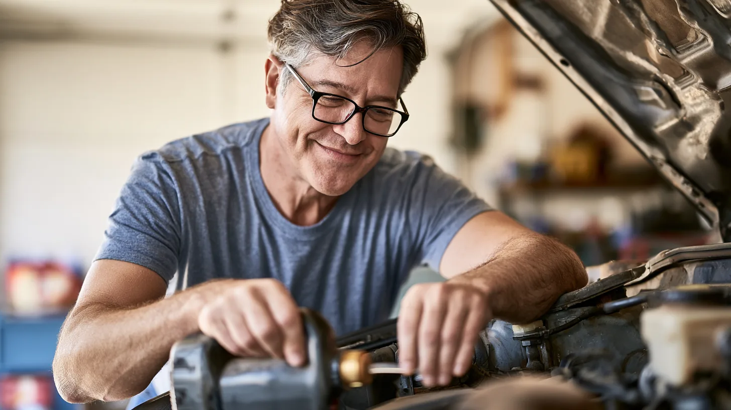 Man in his 50s checking the coolant level in his car's engine bay in a tidy home garage, a yendo repair or replace guide