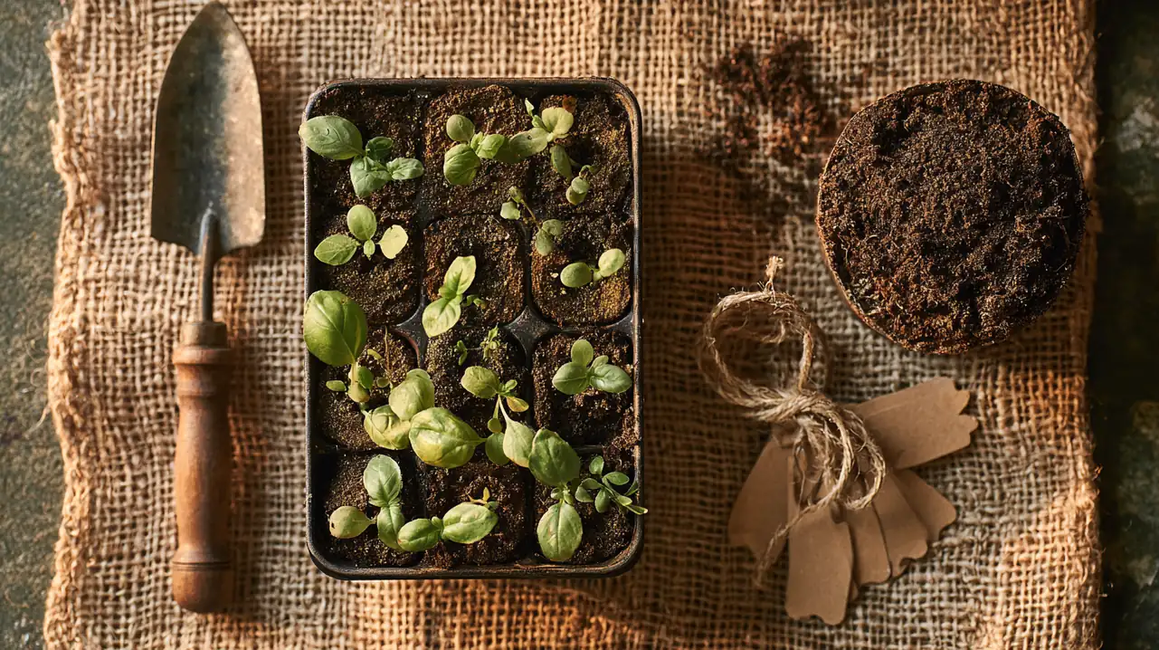 Seedling tray of sprouting basil with a trowel, twine and plant markers on burlap