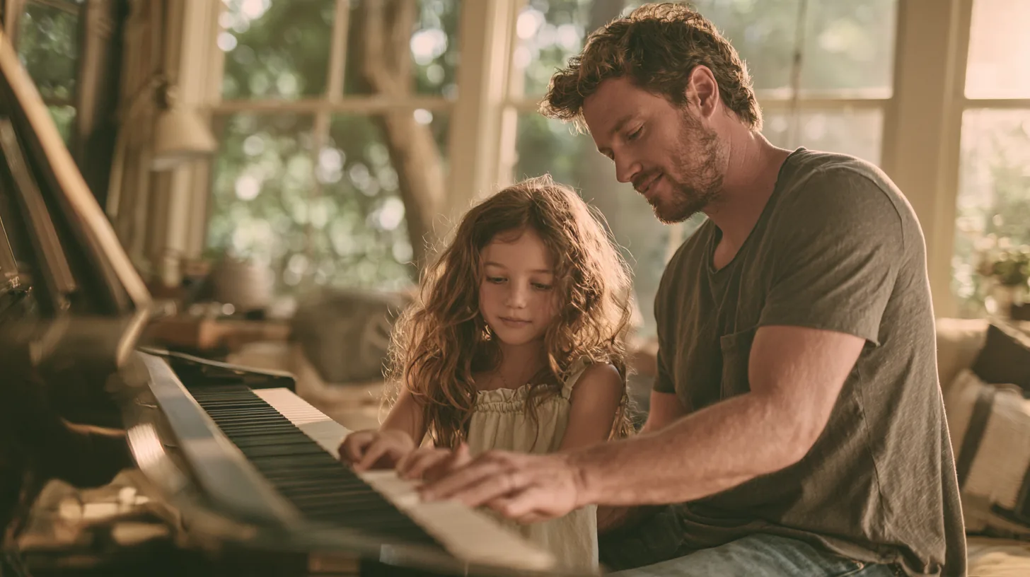 A young man guiding a girl through her first song on a new digital piano, a purchase some fund with a yendo personal loan