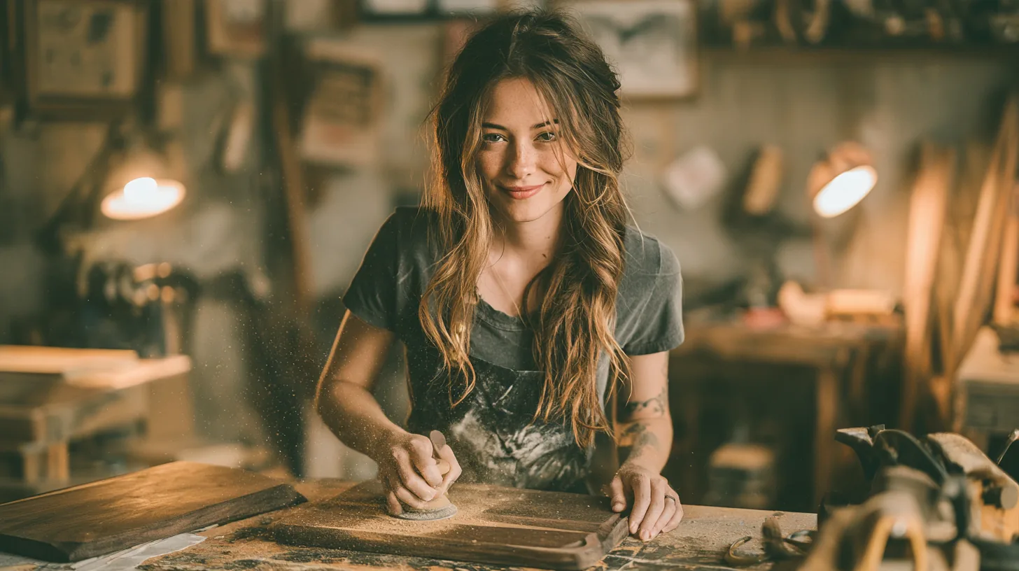 Young woman sanding a handmade walnut cutting board in a garage workshop, for a yendo guide to credit scores